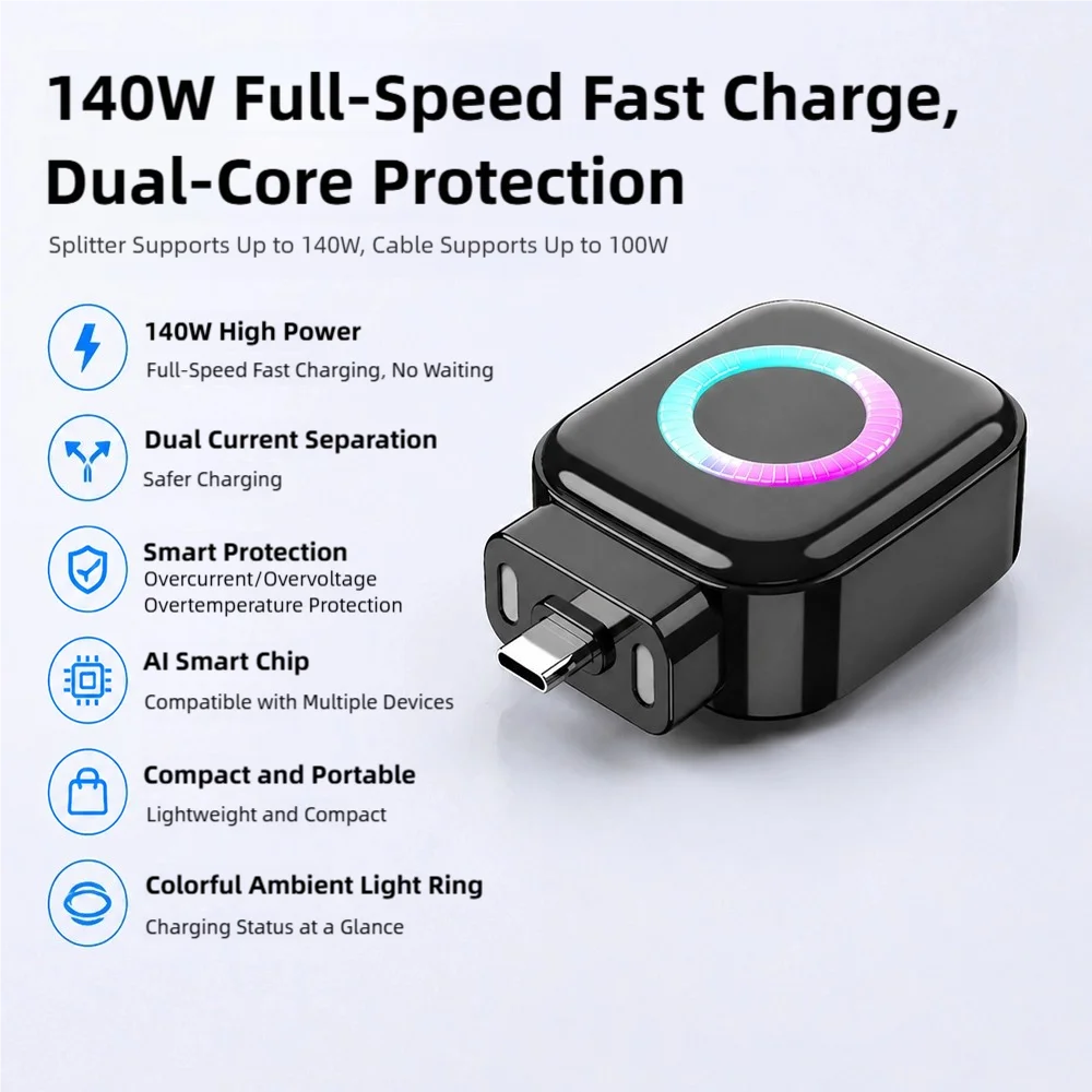 TINSOL 140W Intelligent AI Recognition Full-Charge Separator Type-C Charging Adapter, Device Automatic Power-Off Protection