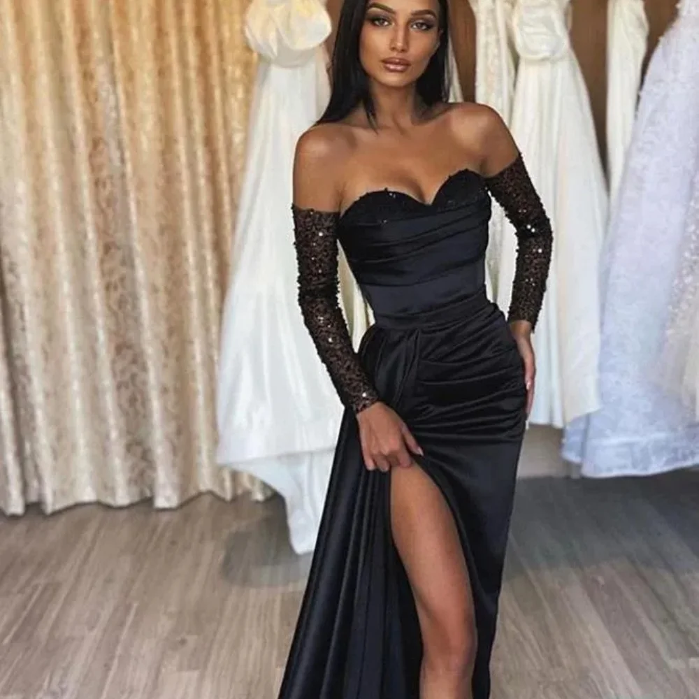 Robe de Soirée Noire Élégante pour Femme Arabe, Fente Frontale, Sexy, Chérie, Ligne A, Dos aux, Tenue de Bal d'Anniversaire pour Fille