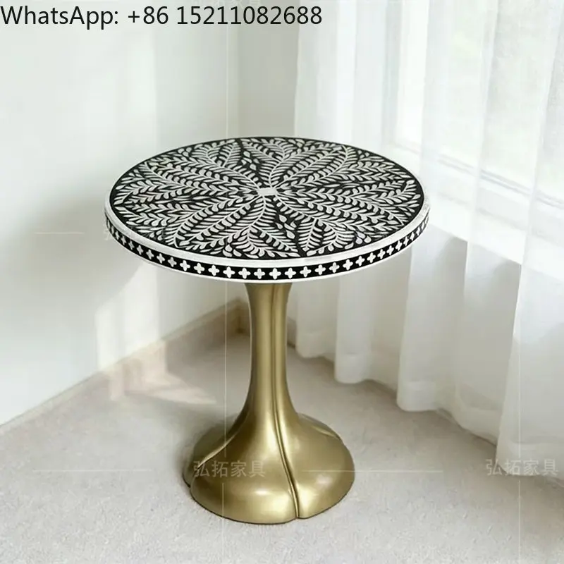 LLY retro gold solid wood hand-painted small round table medium antique coffee table shell parquet table