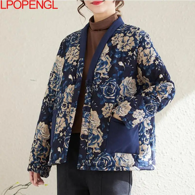 New Woman Autumn And Winter New Chinese Ethnic Style Cardigan Cotton Coat Velvet Thickening Single Breasted Wide-waisted Jacket