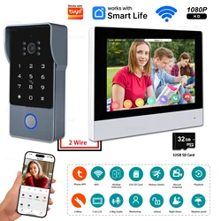2 Wires Video Intercom System, 7“ Wireless WIFI Monitor 1080P Doorphone Camera Video Doorbell Code Password IC Card Tuya Unlock