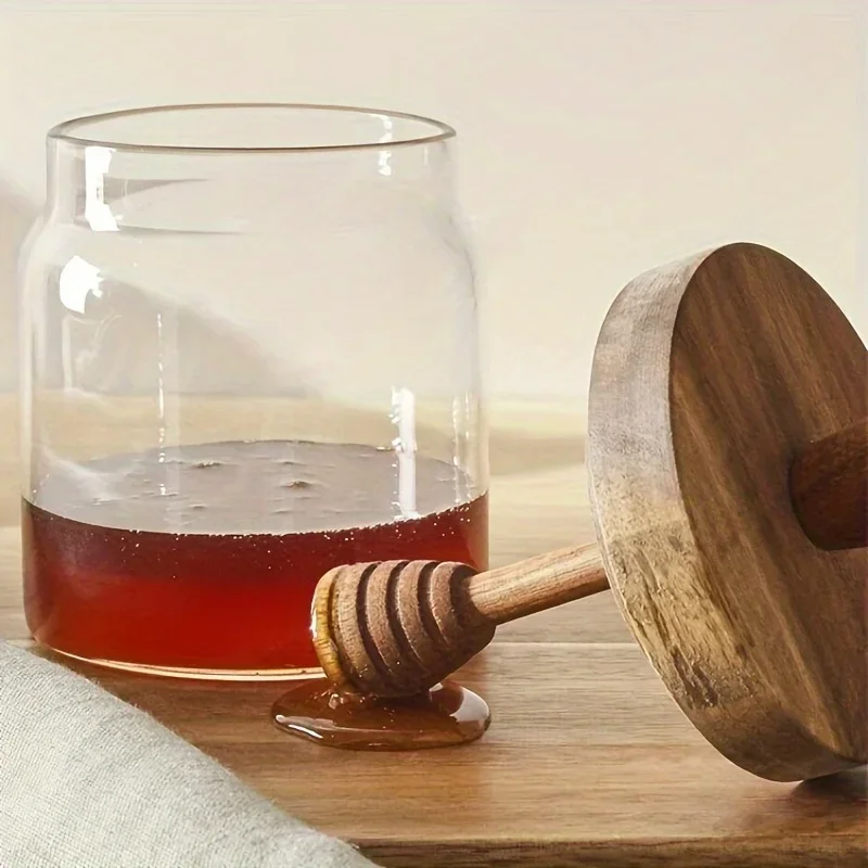 High Borosilicate Glass Honey Divided Bottle With Wooden Stirring Stick Glass Honey Divided Jar Premium Honey Jar Kitchen Items