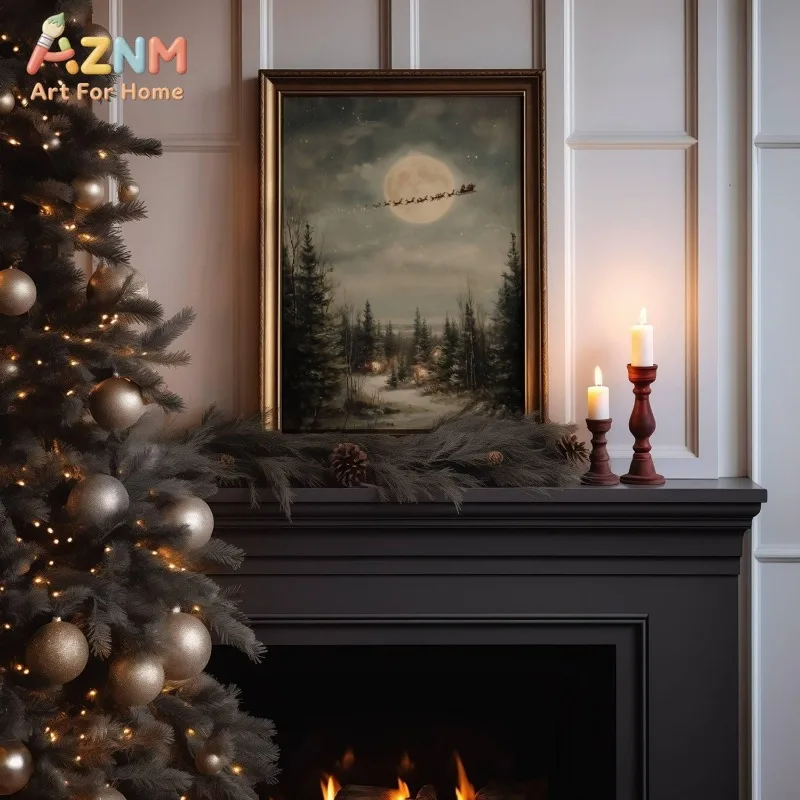 Vintage Santa Sleigh Reindeer Canvas Wall Art Full Moon Winter Forest Snowy Night Scene Xmas Wall Print Unframed Canvas Poster