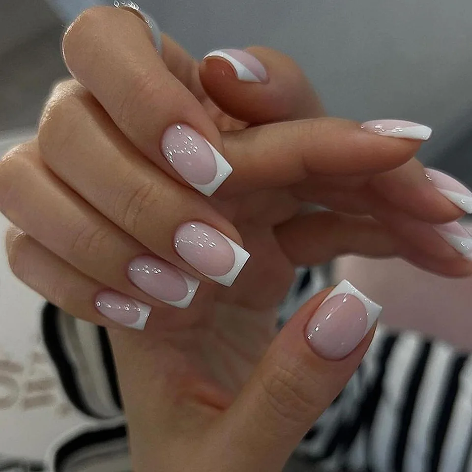 24 piezas uñas postizas press on francesas de punta, minimalistas, color sólido, medianas, cuadradas, con pegamento 5