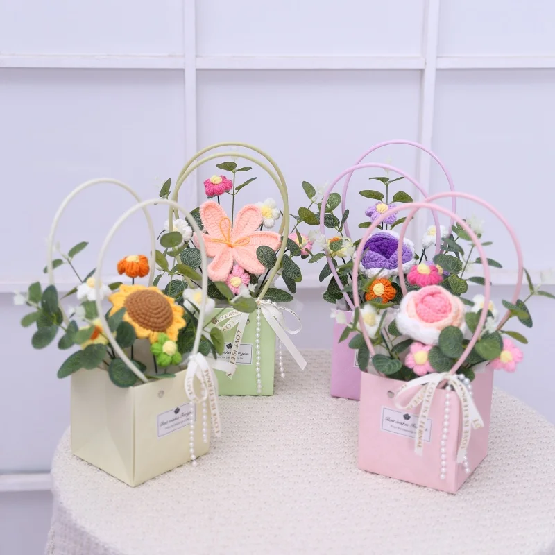 New Style Crochet Sunflowers Roses carnation Plush Plants Finished Knitted handbag Bouquets Valentine Birthday Graduation Gifts