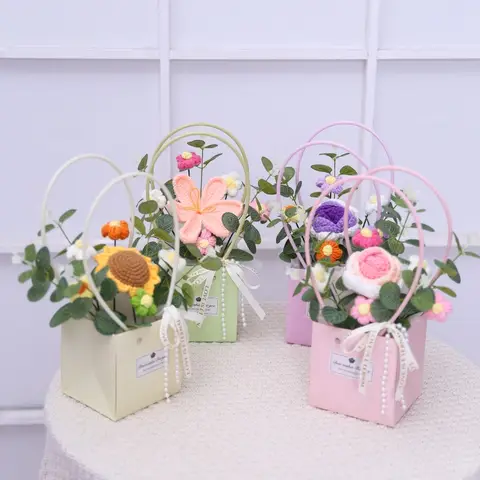 New Style Crochet Sunflowers Roses carnation Plush Plants Finished Knitted handbag Bouquets Valentine Birthday Graduation Gifts