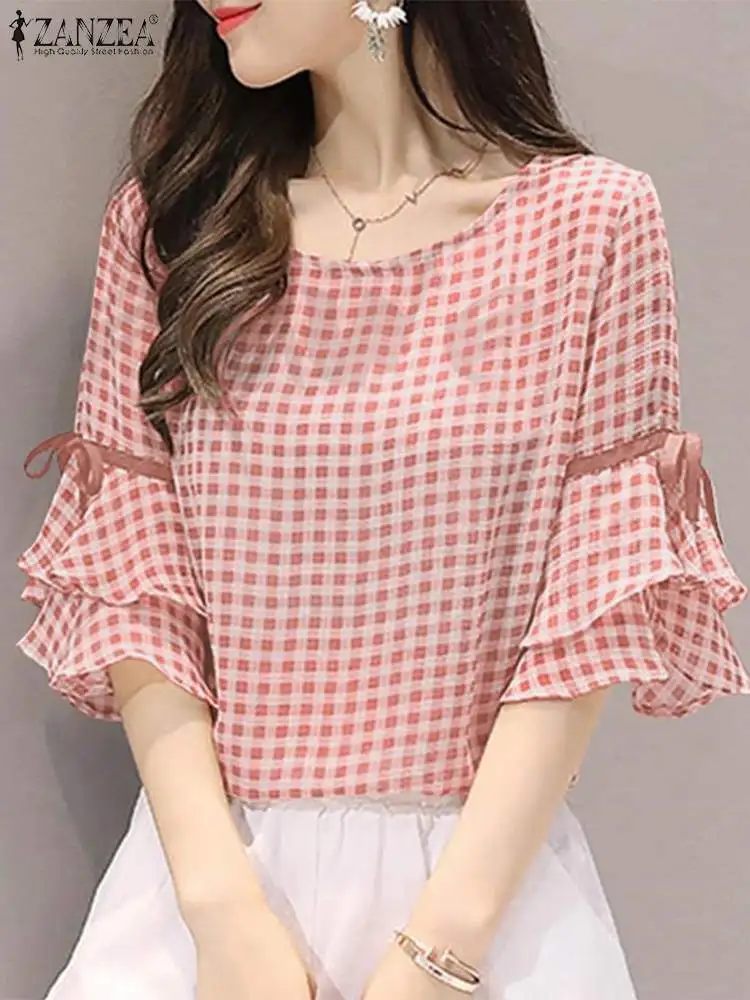 Korean Style Check Tops Women Summer Blouse ZANZEA 2023 Casual Lace-Up Flounce Sleeve Blusas Female O Neck Tunic Oversized Shirt