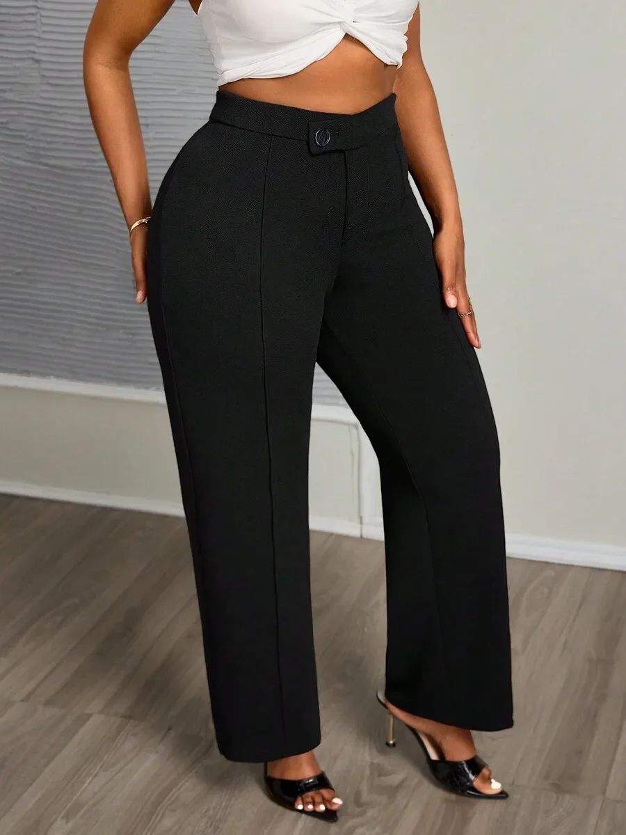 Slaydiva Plus Size Solid Black High Waist Straight Leg Pleated Wide Leg Pants, Casual & Elegant, Autumn/Winter