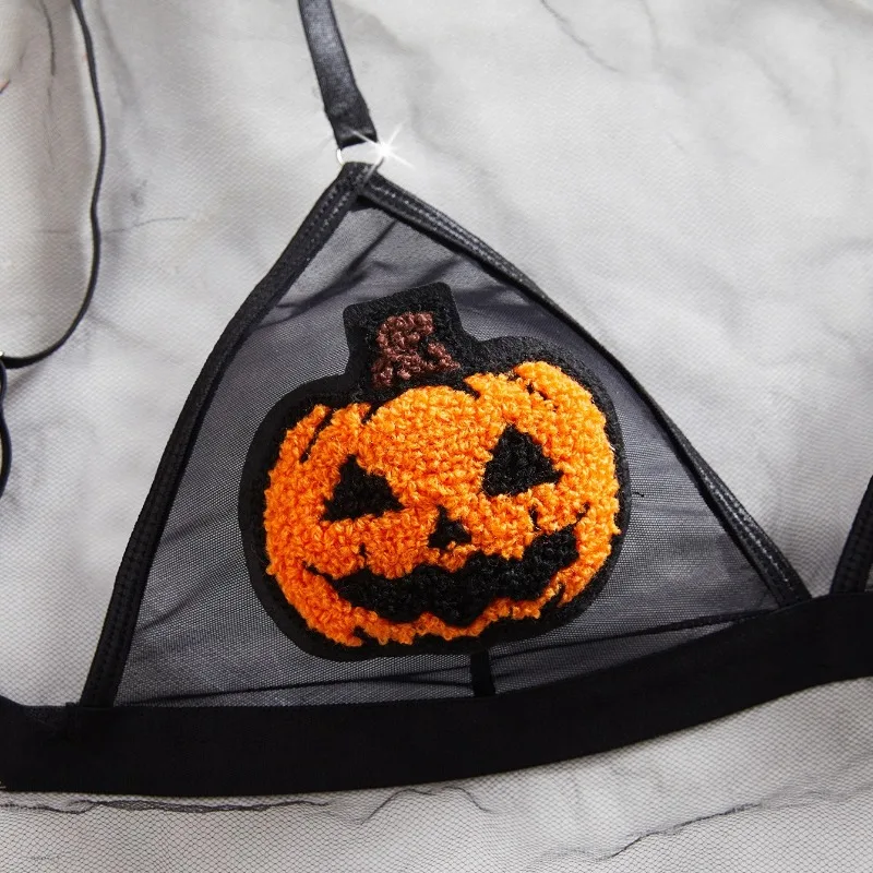 Toucheart 2PCS Halloween Sexy Pumpkin Demon Underwear Set Lace See-through Slim Plunge Backless Interesting Mesh Underwear Set