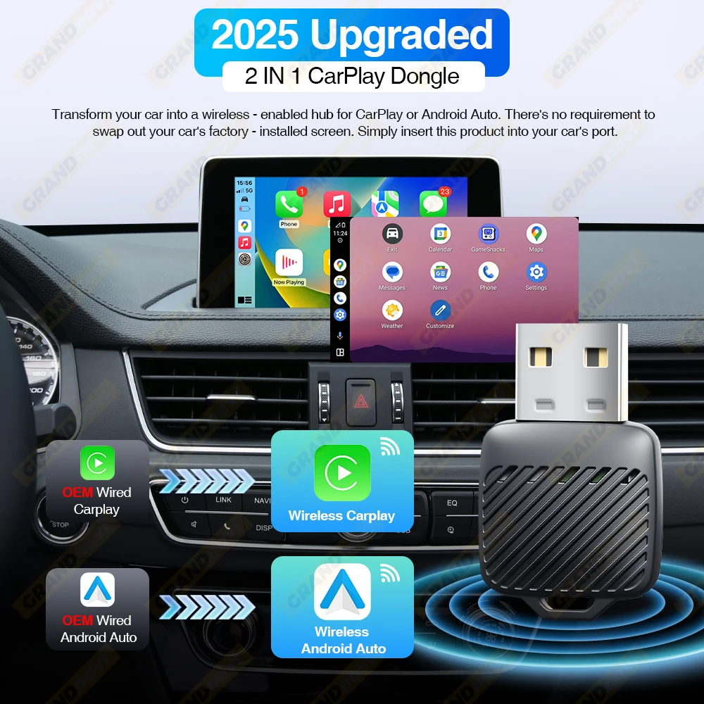 سلكي إلى لاسلكي CarPlay Android Auto 2 in1 محول صغير 5 جيجا هرتز WiFi5 مناسب لسيارات CarPlay/Android السلكية الأصلية بنسبة 98%