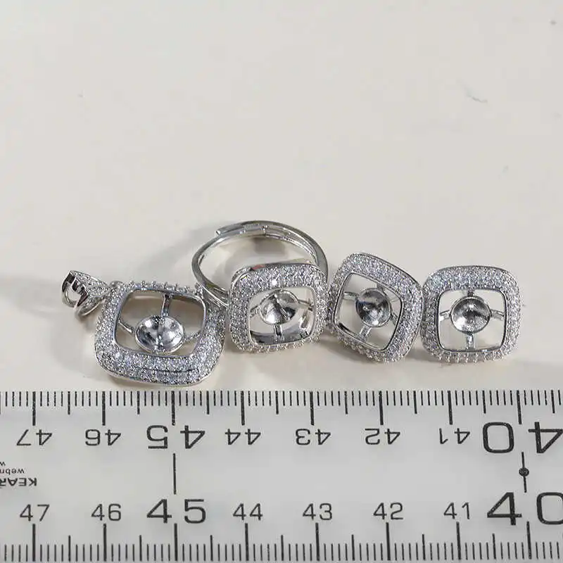 DIY Pearl Accessories New Copper-plated Square Ring Earrings Pendant Empty Support Set Light Luxury and Temperament