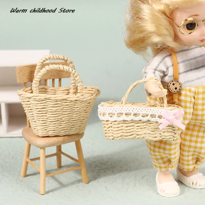 High Quality Mini Cute Dollhouse Rattan Frame Hand-woven Basket Cute Toys Dolls Miniature Decoration