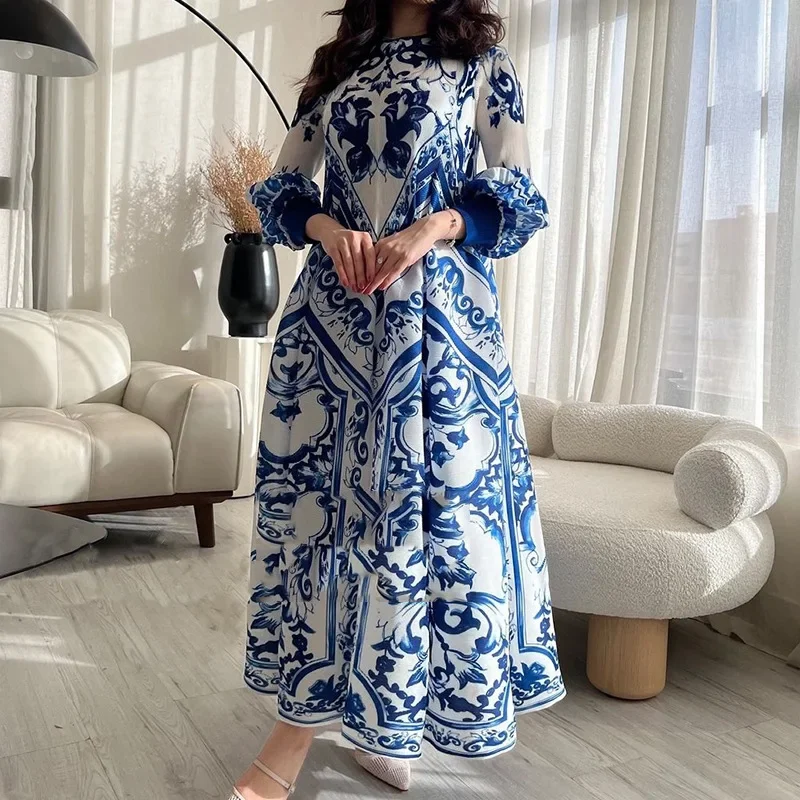 2024 Fall Pleated Dress Ethnic Style Celadon Temperament Lantern Sleeves Large Hem Long Loose Elegant Plus Size Women Clothing