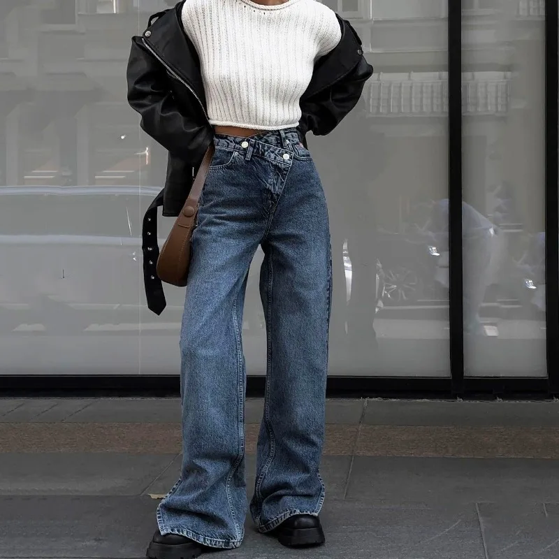 Europese Amerikaanse broek dislocatie jeans dames herfst ontwerp gevoel hoge taille split rechte broek aangepaste buitenlandse handel