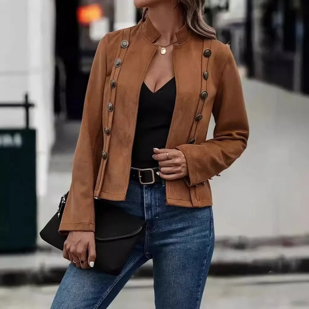 Women's Decorative Double-Row Button Jacket Pure Color Long Sleeve Deer Skin Velvet Retro Style Commute Fashion Polyester Cotton