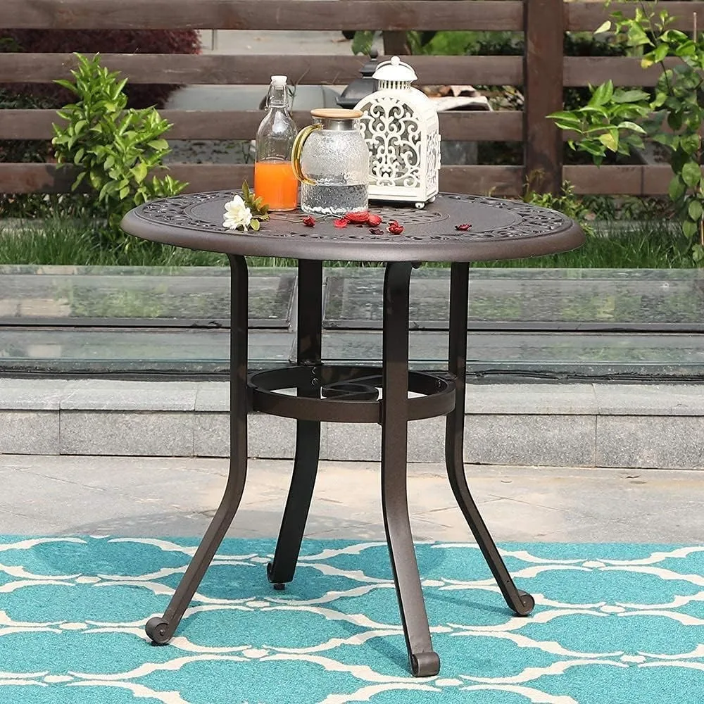

Cast Aluminum Patio Bistro Table, 32”Patio End Table Small Round Outdoor Side Table with Umbrella Hole for Garden, Back
