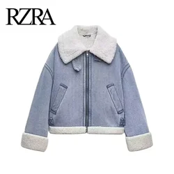 RZRA women's 2024 winter new washed denim lambswool fleece motorcycle style double-sided jacket coat warm and comfortable