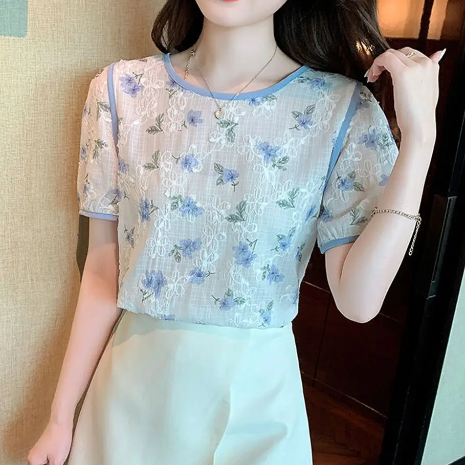 Woman Spring Summer Style Chiffon Blouses Shirts Lady Casual Short Puff Sleeve O-Neck Polka Dot Printed Blusas Tops G2735