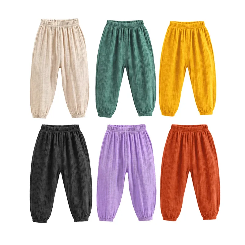 Summer Korea Children Pants Casual Girls Boys Cotton Linen Solid Color Loose Pleated Pant Trousers Girls Hight Waist Harem Pants