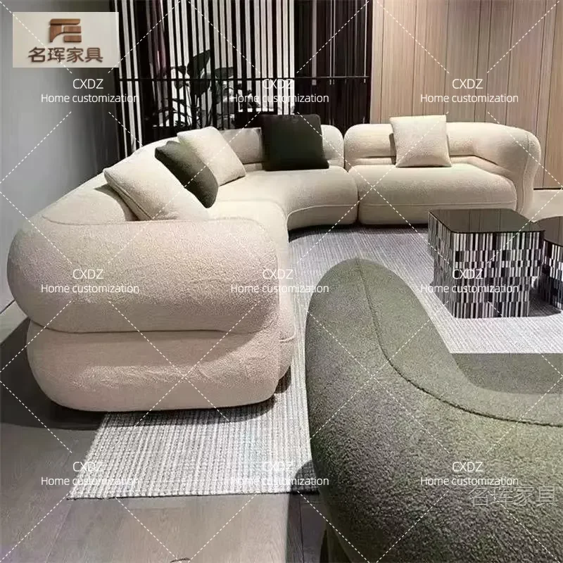 Cream Style Curved Sofa Luxury Lamb Wool Fabric High End Living Room Furniture Set Unique Shaped Couch Modern Home Decor