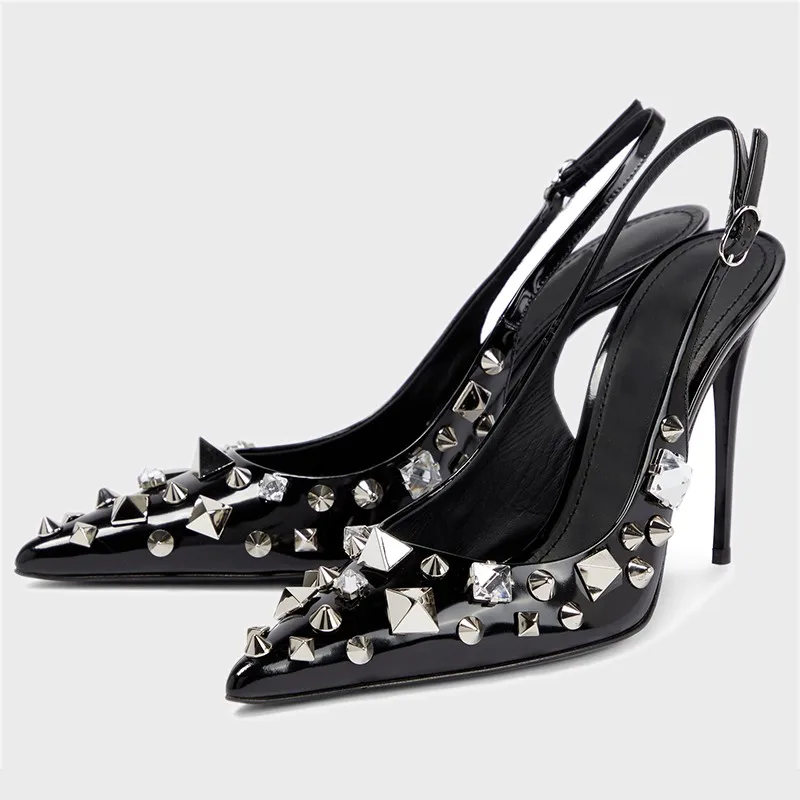 Sexy Rivet Pointed Toe Slingback Stiletto Sandals Woman Summer 2024 Rhinestone Black Hollow High-Heeled Shoes for Women Banquet