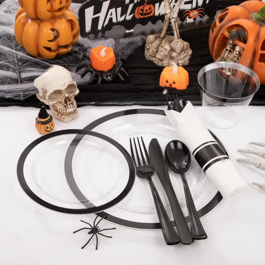 Placas transparentes com borda preta para 50 convidados, 350 peças, incluem 100 placas transparentes descartáveis, 150 talheres pretos, 50 guardanapos