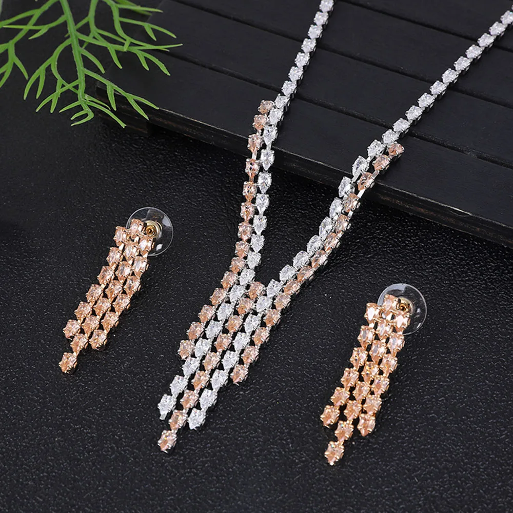 Luxury Color block Waterdrop Necklace Earrings For Women Accessory Full Cubic Zirconia Bridal Jewelry Sets Mujer Moda A0268