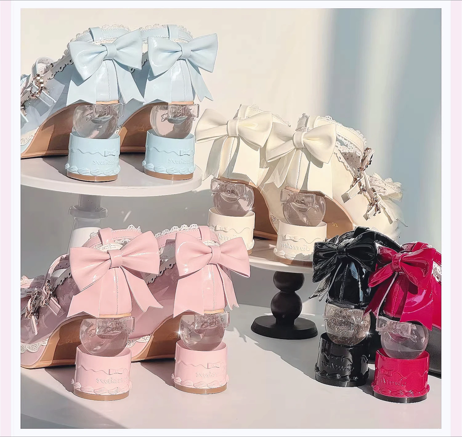

Japanese Original Sweet Cut Lolita Bow Crystal Special-shaped Heel High Heels Women's Round Head Doll Ancient Gorgeous Lo Shoes