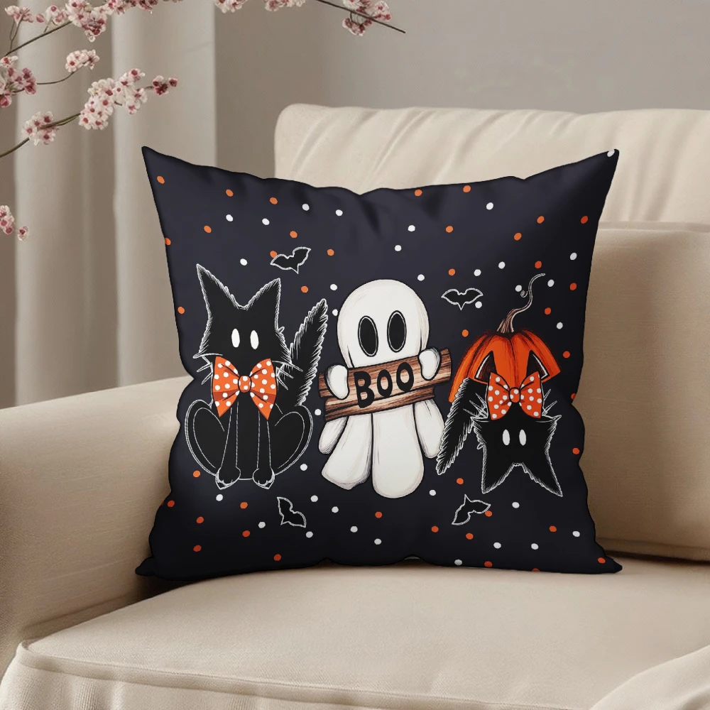 Square Throw Pillow Case Black Halloween Ghost Cat Pumpkin Boo Print Decorative Cushion Cover For Home Sofa Chair Bedroom Living