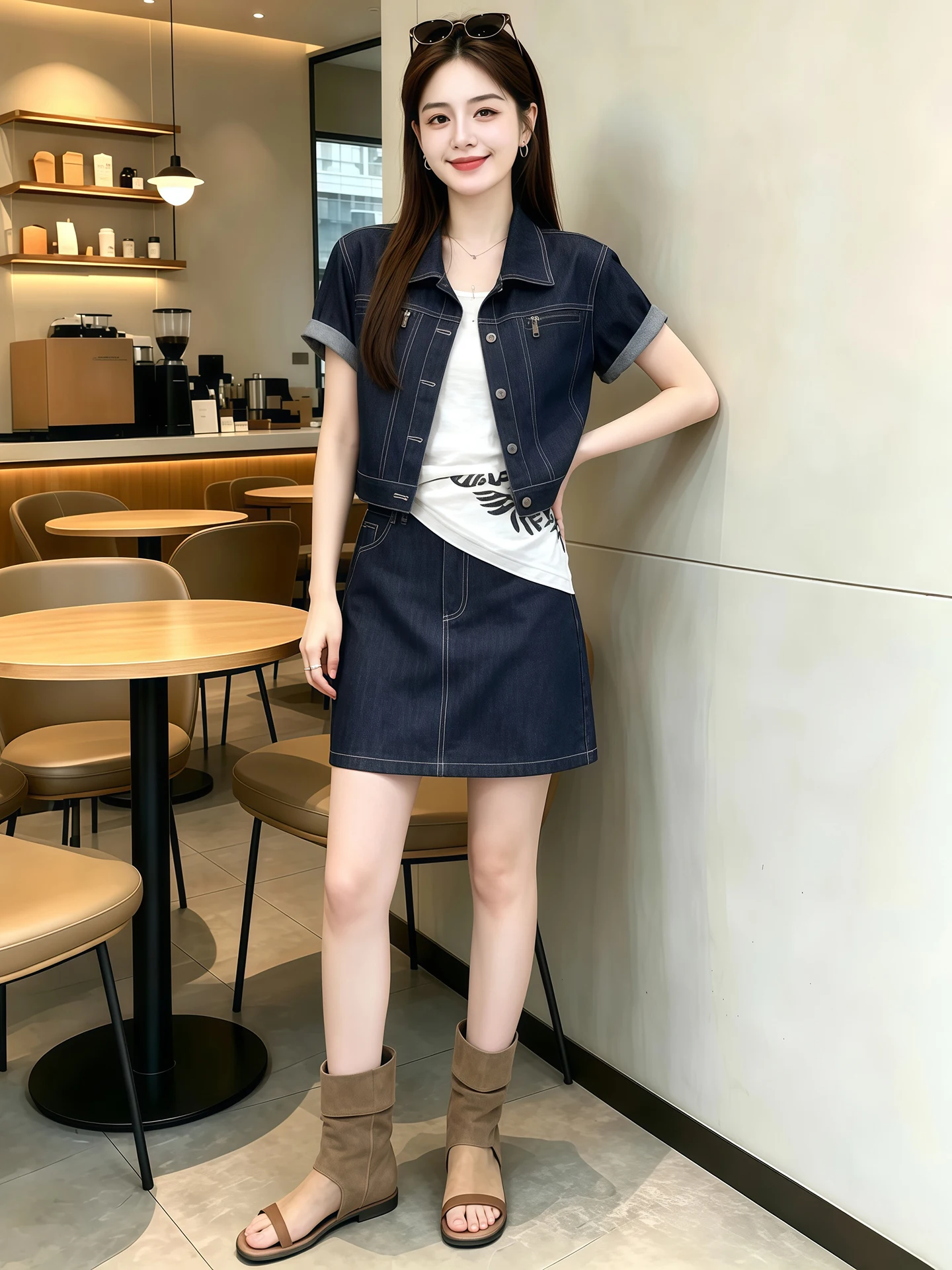 

Summer Fashionable Denim Jacket Short Skirt Scarf Set Ageless Chic High-End Sensation Suitable for Casual Wear And Commuting