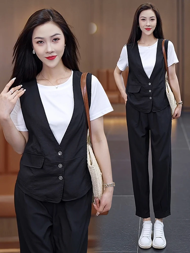 Faionable Casual Women's Tee-Piece Set ort Sve Slimming Vest Nine-Piece Pants Summer 2025 New Arrival Ele Small ...