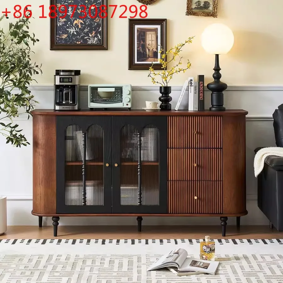

French retro solid wood dining side cabinet living room multi-functional partition storage antique color matching wall cabinet