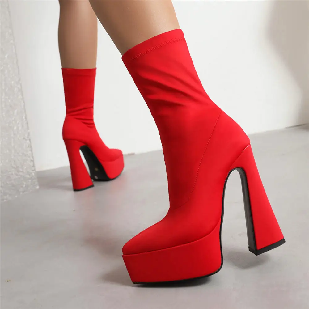 RIBETRINI Brand Design Ankle Platform Women Boots High Heels Pointed Toe Luxury Sock Stretch Boots Slip On Autumn Booties Shoes