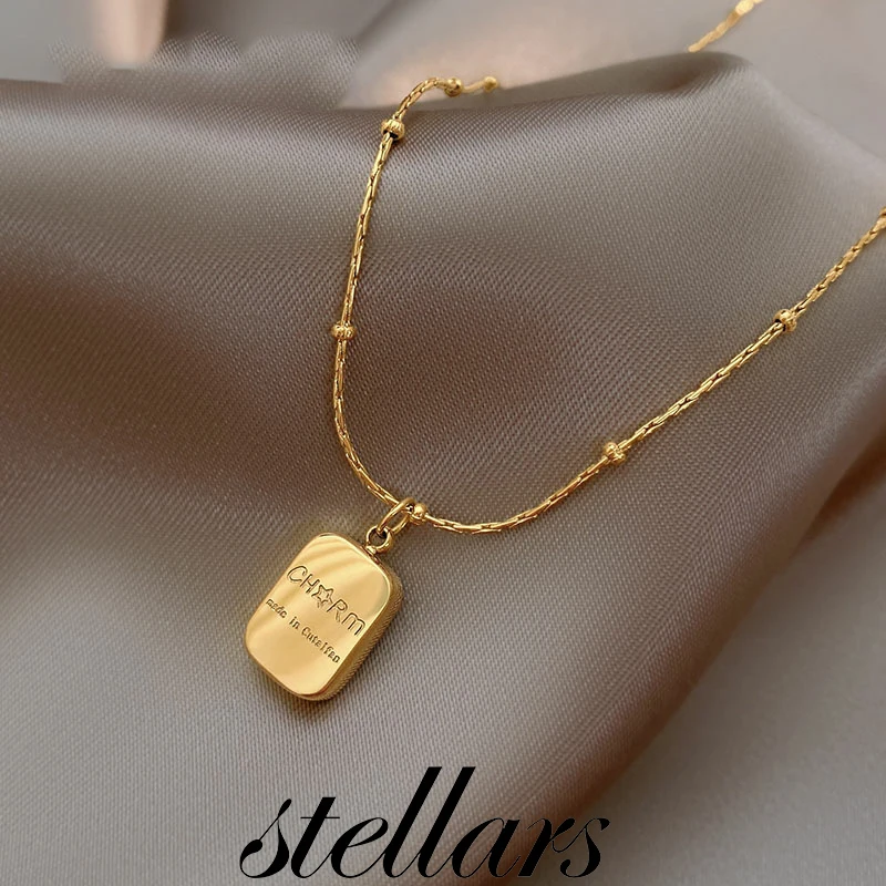 

Golden Stylish Square Titanium Steel Letter Collarbone Necklace Versatile Pendant Accessory Choker Necklace Gift