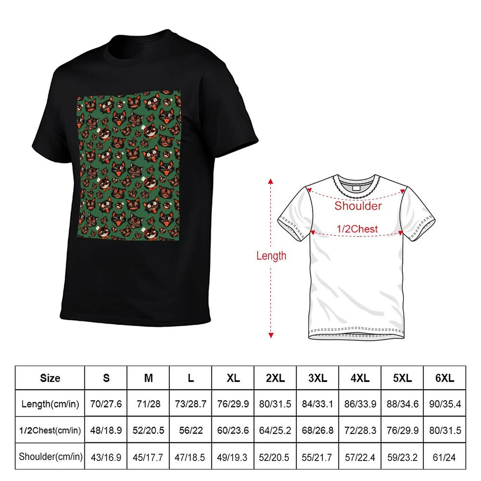 Retro Vintage Halloween Black Cat Faces Pattern - GREEN Background T-Shirt anime figures anime luxury clothes men