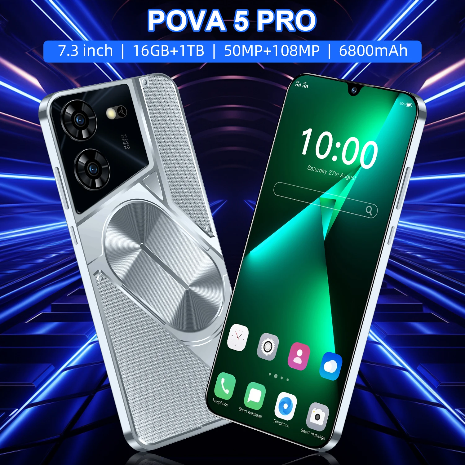 

New 2024 Global Pova 5 Pro 7.3HD Screen 16GB+1TB 6800Mah 2280*3088 Android 14 Celulare Dual Sim Face Unlocked 5G Mobile Phonee