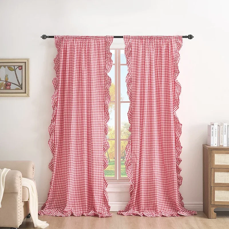 1 PC Buffalo Plaid Ruffle Curtains Semi-sheer Drapes Shabby Chic Rod Pocket Window Curtain for Bedroom Living Room Kitchen Decor