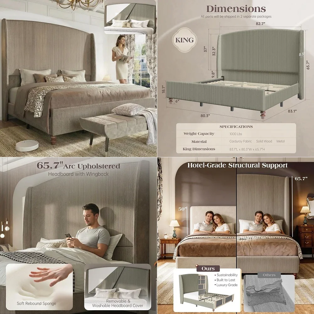 

3Piece Bedroom Set, Including Solid Wood California King Bed Frame with 55 Arched Headboard, Nightstand Set of 2 with SpindleTu
