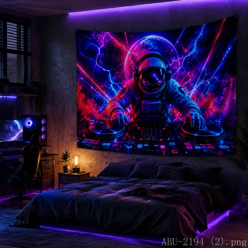 VIKAMA Halo Astronaut DJ Purple Blue Nebula Saturn Tapestry Background Hanging Cloth Esports Room Party Room Decoration