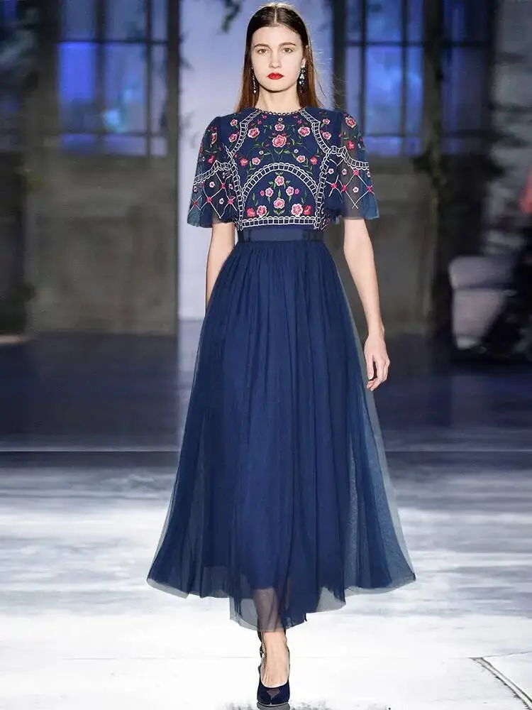 

Женское подиумное летнее новое модное вечернее платье высокого качества с вышитой сеткой розового и синего цвета, классическое шикарное повседневное длинное платье знаменитостей