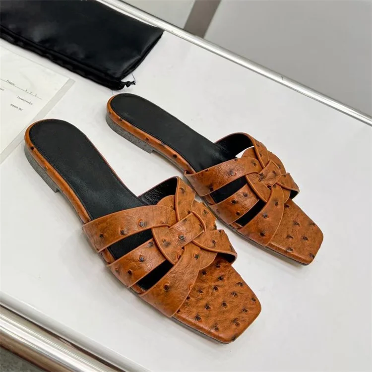 Ostrich Skin Like Flat Sandals Knitted Leather Women Shoes Summer Brand Design Slippers Sandalias