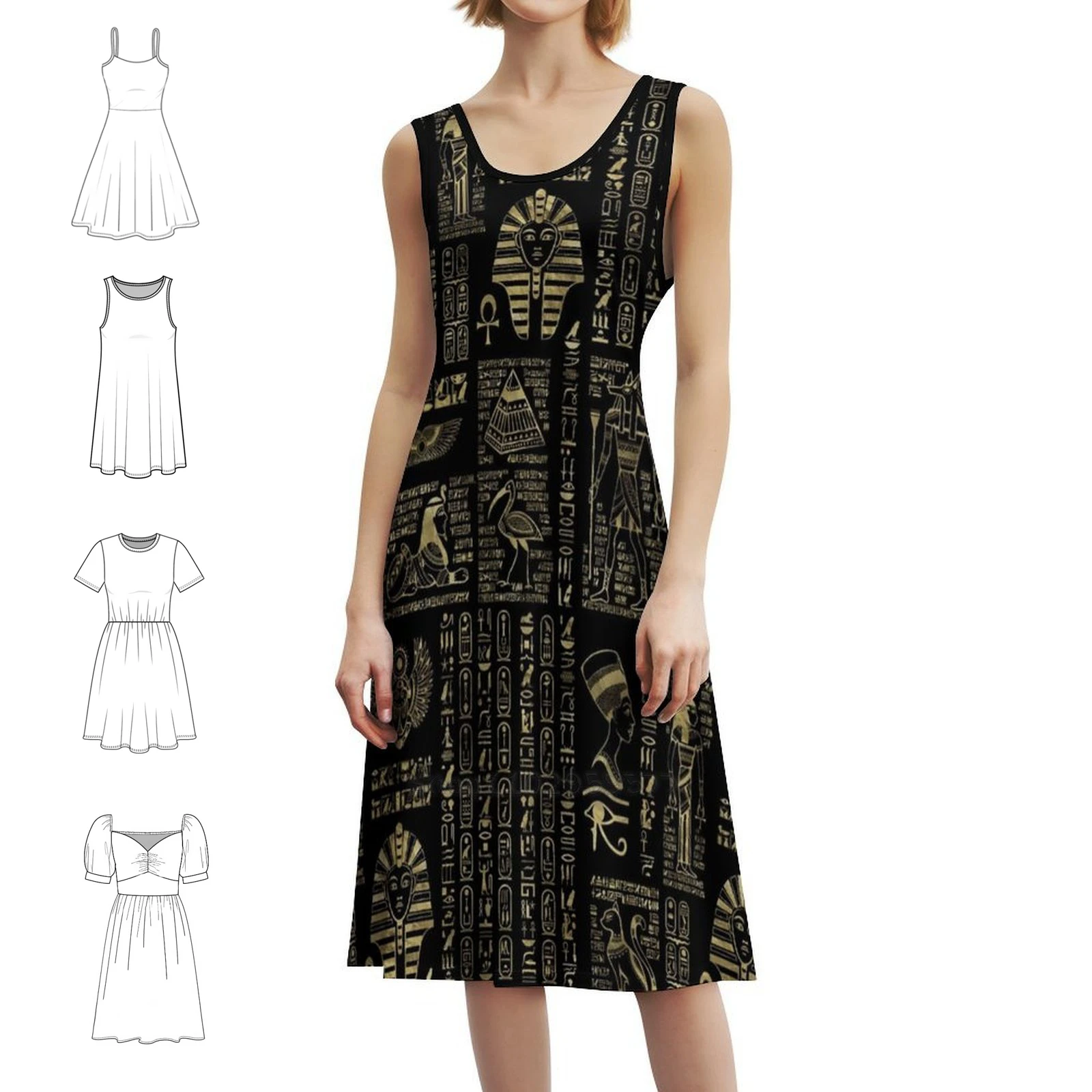 

Египетские иероглифы и божество, золото на черном сексуальном отпускном платье для женщин, мини-платье для пляжной вечеринки, дня рождения, египетского египетского