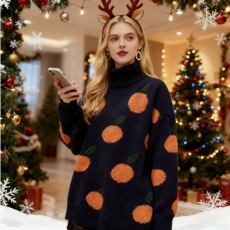 

DAYIFUN Women Navy Blue Christmas Sweaters Contrast Color High Neck Embroidered Knitted Pullover Autumn Fashion Female Sweater