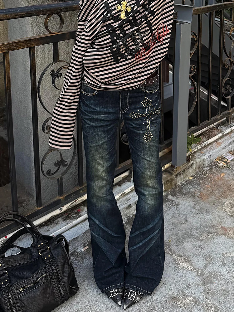 ReddaChic Women's High Rise Bootcut Denim Pants Vintage Fitted Stretchy Whiskers Diamond Cross Flared Jeans Grunge Streetwear