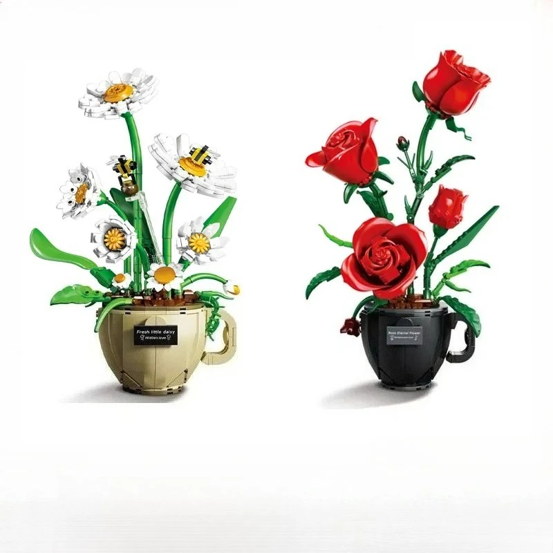 

612PCS Rose Daisy Succulent Plants Flower Bouquet Building Blocks Plant Bricks Desktop Ornaments DIY Assembly Gift for Kid Adult