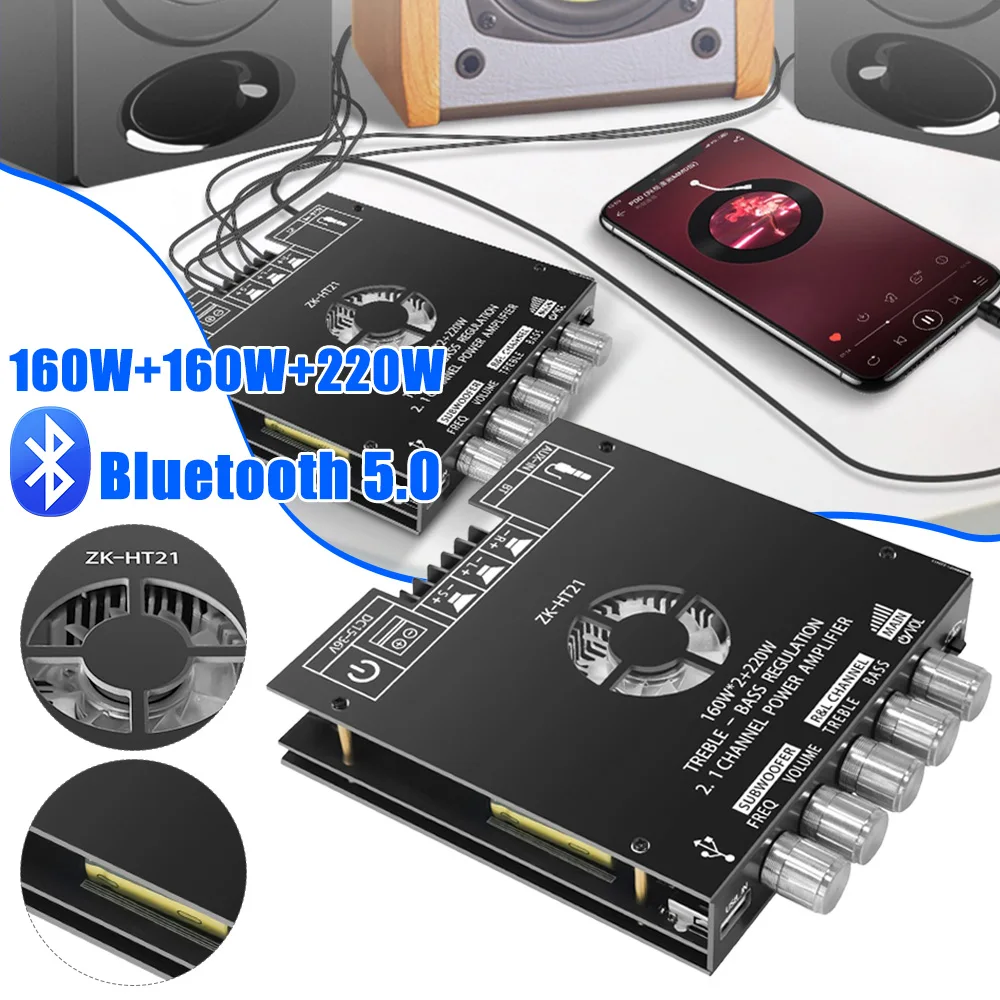 Módulo amplificador digital ZK-HT21 2.1 canais tda7498e 160wx2 + 220w subwoofer de tom alto e baixo amplificador compatível com bluetooth