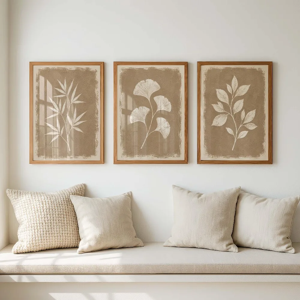 3pcs frameless Canvas Painting 3pcs Frameless,Beige Plant Decor Painting,Neutral Tone Printing,Modern Minimalist Style Decor,Sca