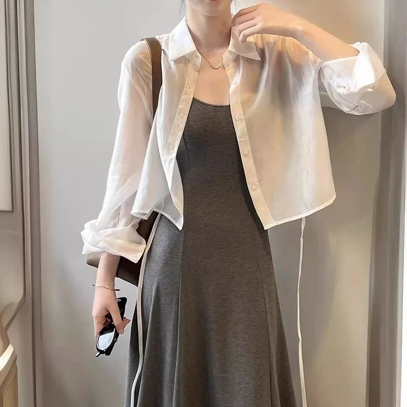 

Женская укороченная блузка, новинка 2025 года, повседневная дизайнерская рубашка-кардиган с отложным воротником на шнуровке, женская модная уличная одежда, тонкая верхняя одежда