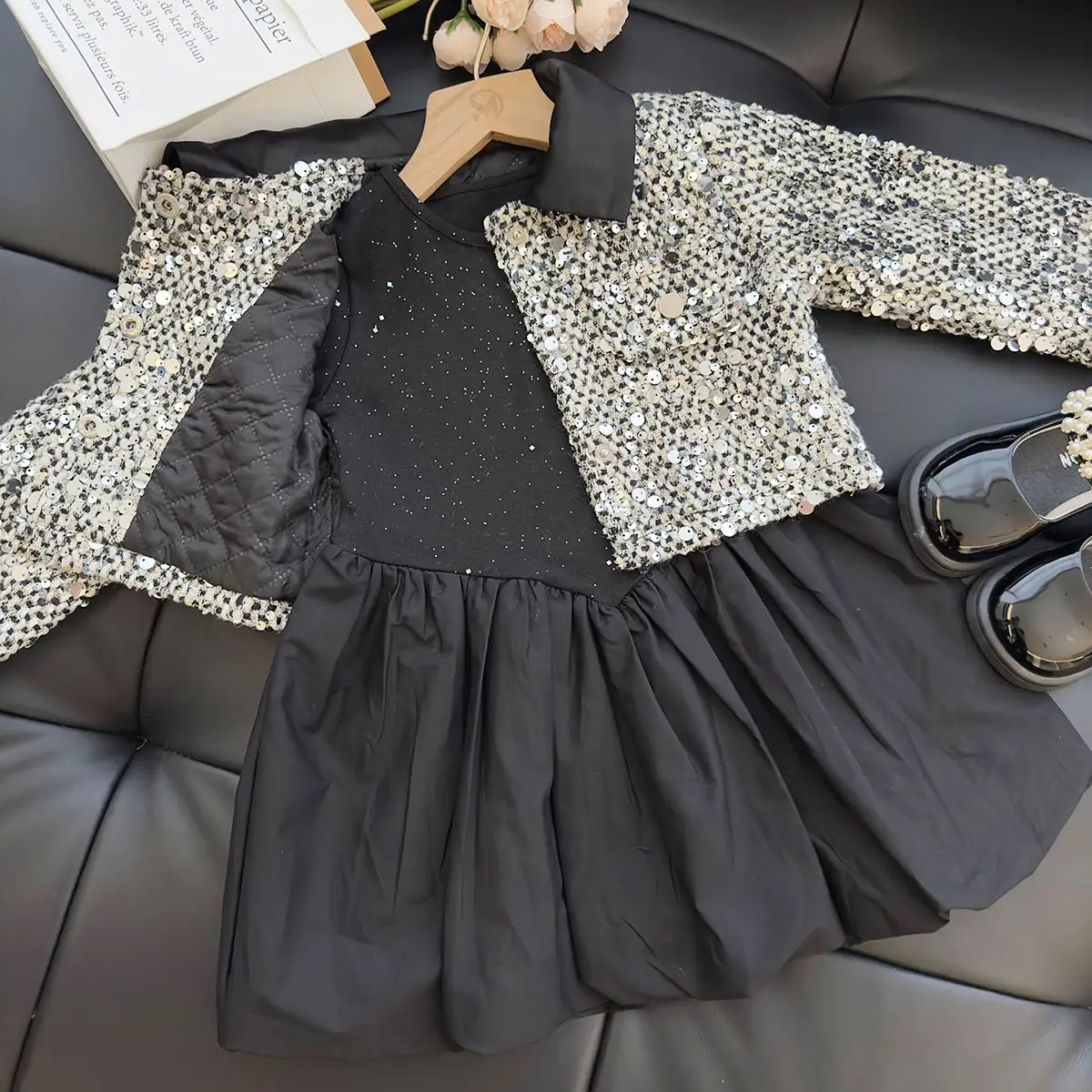 Retail New Baby Girls Fashion Dress Sets, Sequined Coat + Black Dress Princess Elegant Suits Girl 2-7T