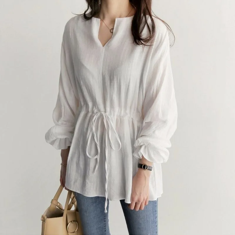 

Корейская женская повседневная рубашка с V-образным вырезом и поясом, длинными рукавами, весенняя новинка, ретро-стиль, свободный крой, топ с завязками на талии